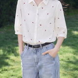 Casual Embroidered Cherry Short Sleeve Shirt - liwisi