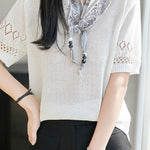 Casual Round Neck Scarf Decor Short Sleeve Knit Sweater - liwisi