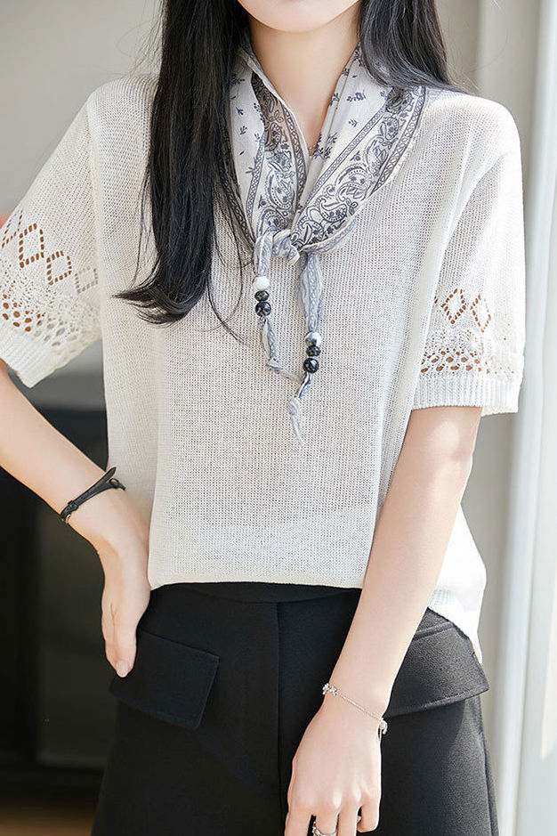 Casual Round Neck Scarf Decor Short Sleeve Knit Sweater - liwisi