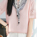 Casual Round Neck Scarf Decor Short Sleeve Knit Sweater - liwisi
