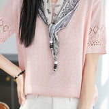 Casual Round Neck Scarf Decor Short Sleeve Knit Sweater - liwisi