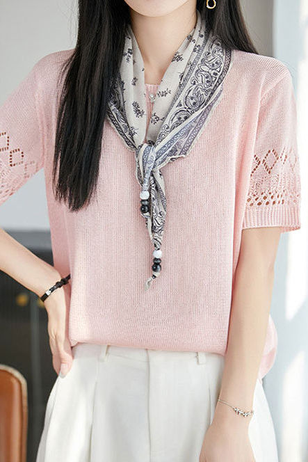 Casual Round Neck Scarf Decor Short Sleeve Knit Sweater - liwisi