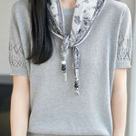 Casual Round Neck Scarf Decor Short Sleeve Knit Sweater - liwisi