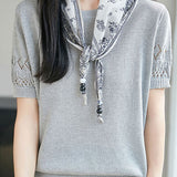 Casual Round Neck Scarf Decor Short Sleeve Knit Sweater - liwisi