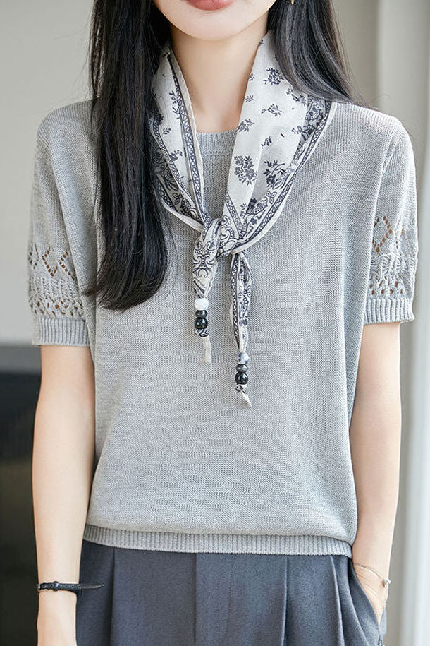 Casual Round Neck Scarf Decor Short Sleeve Knit Sweater - liwisi