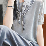 Casual Round Neck Scarf Decor Short Sleeve Knit Sweater - liwisi