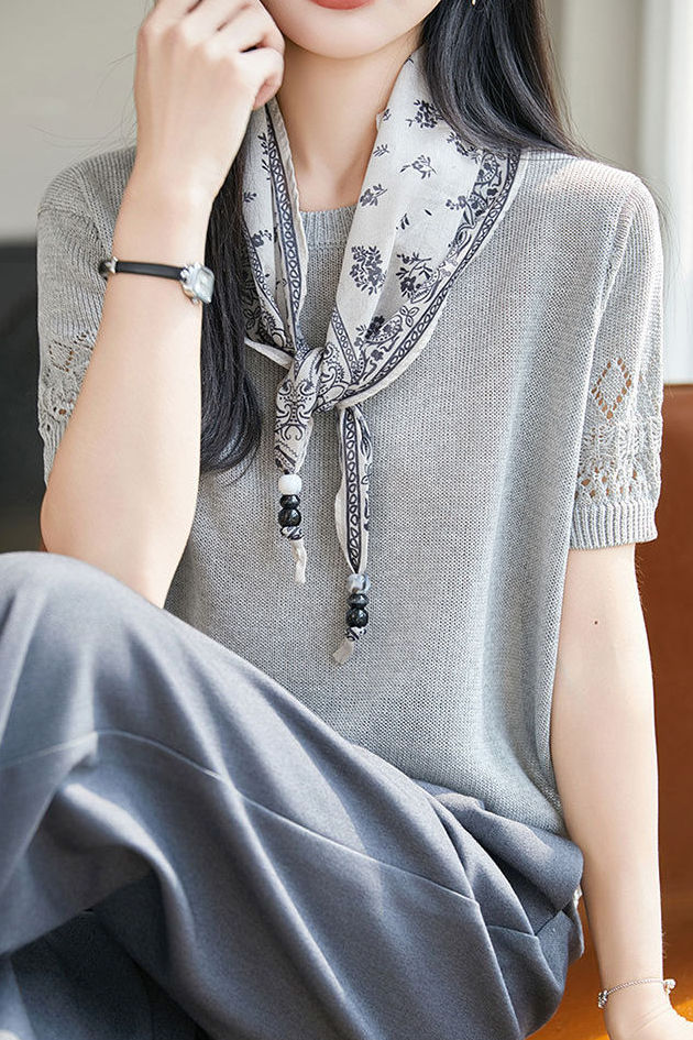 Casual Round Neck Scarf Decor Short Sleeve Knit Sweater - liwisi