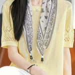 Casual Round Neck Scarf Decor Short Sleeve Knit Sweater - liwisi