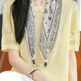 Casual Round Neck Scarf Decor Short Sleeve Knit Sweater - liwisi
