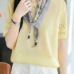 Casual Round Neck Scarf Decor Short Sleeve Knit Sweater - liwisi