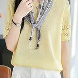 Casual Round Neck Scarf Decor Short Sleeve Knit Sweater - liwisi
