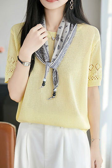 Casual Round Neck Scarf Decor Short Sleeve Knit Sweater - liwisi