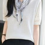 Casual Round Neck Scarf Decor Short Sleeve Knit Sweater - liwisi