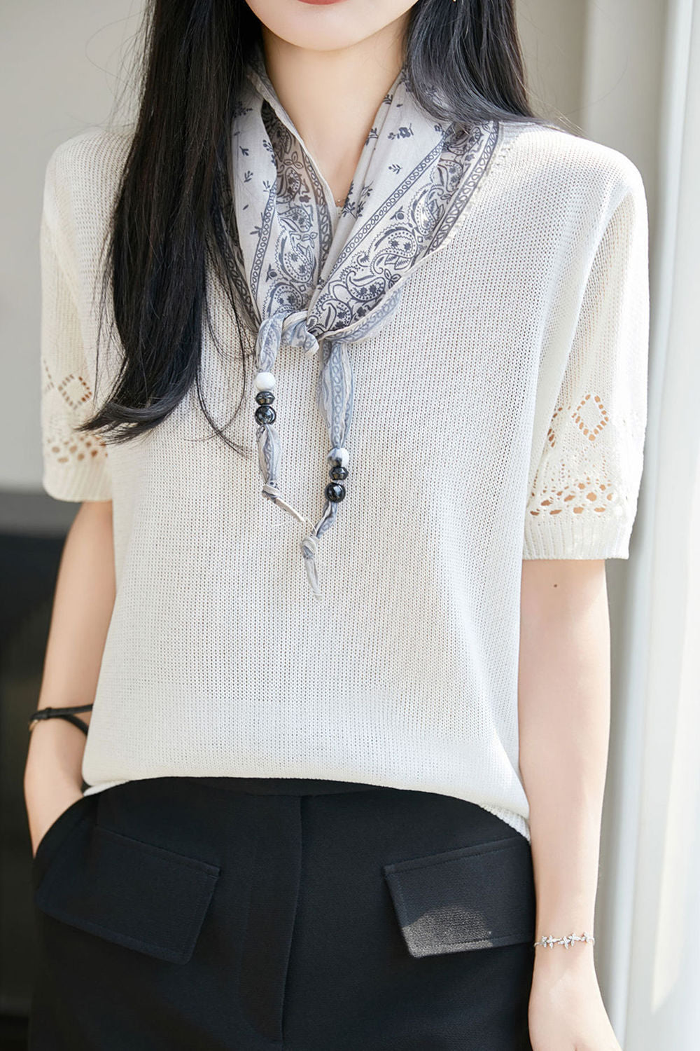 Casual Round Neck Scarf Decor Short Sleeve Knit Sweater - liwisi