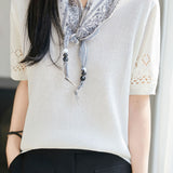 Casual Round Neck Scarf Decor Short Sleeve Knit Sweater - liwisi