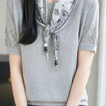 Casual Round Neck Scarf Decor Short Sleeve Knit Sweater - liwisi