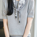 Casual Round Neck Scarf Decor Short Sleeve Knit Sweater - liwisi