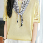 Casual Round Neck Scarf Decor Short Sleeve Knit Sweater - liwisi