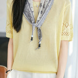 Casual Round Neck Scarf Decor Short Sleeve Knit Sweater - liwisi