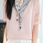 Casual Round Neck Scarf Decor Short Sleeve Knit Sweater - liwisi