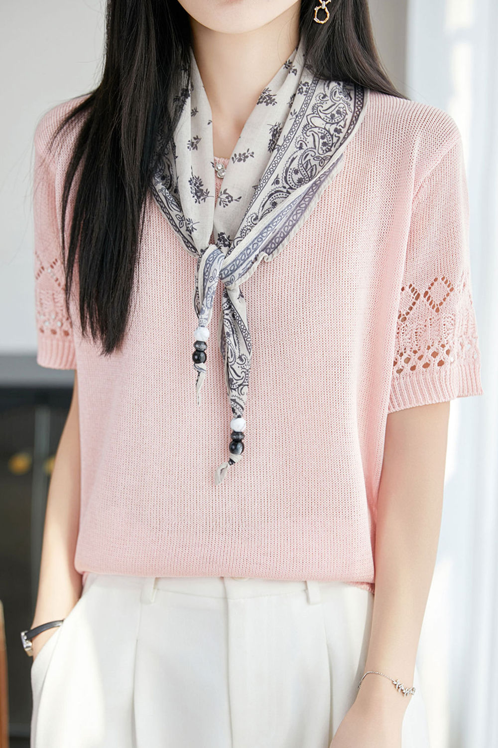 Casual Round Neck Scarf Decor Short Sleeve Knit Sweater - liwisi