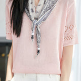 Casual Round Neck Scarf Decor Short Sleeve Knit Sweater - liwisi