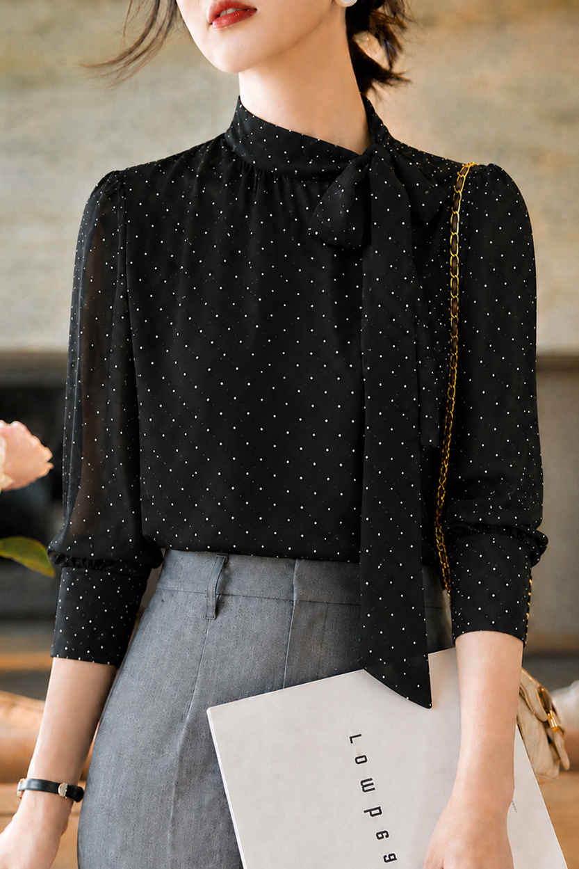 Elegant Polka Dot Bow Tie Shirt - liwisi