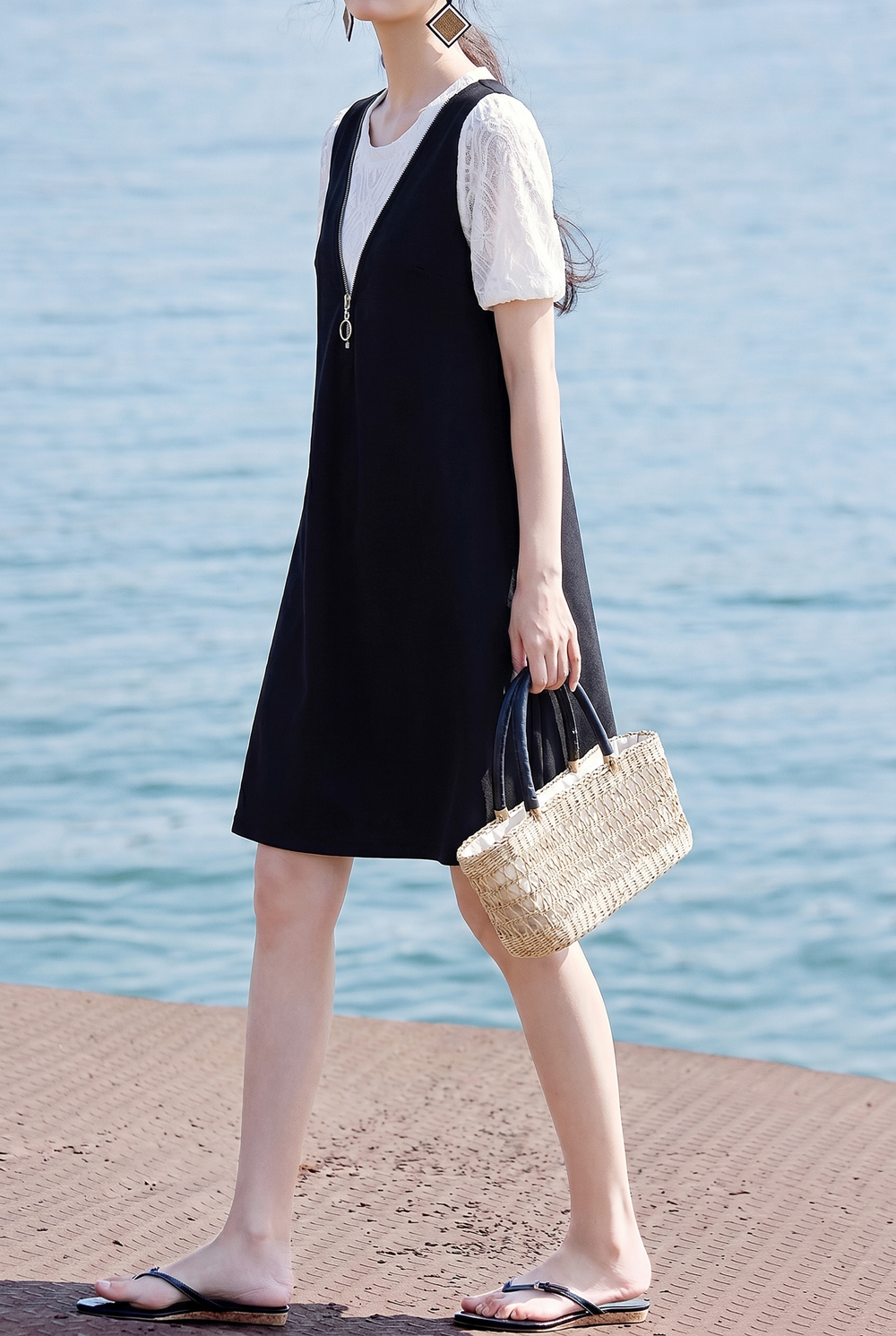 Casual Fake Two-Piece Jacquard Zipper Bow Dress - liwisi