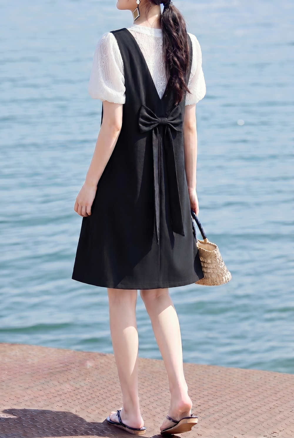 Casual Fake Two-Piece Jacquard Zipper Bow Dress - liwisi