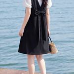 Casual Fake Two-Piece Jacquard Zipper Bow Dress - liwisi