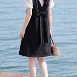 Casual Fake Two-Piece Jacquard Zipper Bow Dress - liwisi