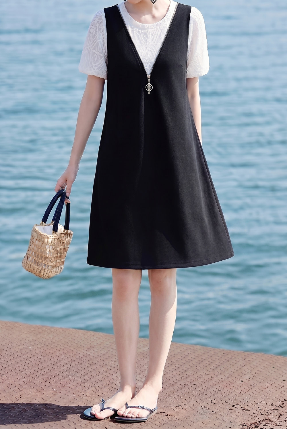 Casual Fake Two-Piece Jacquard Zipper Bow Dress - liwisi