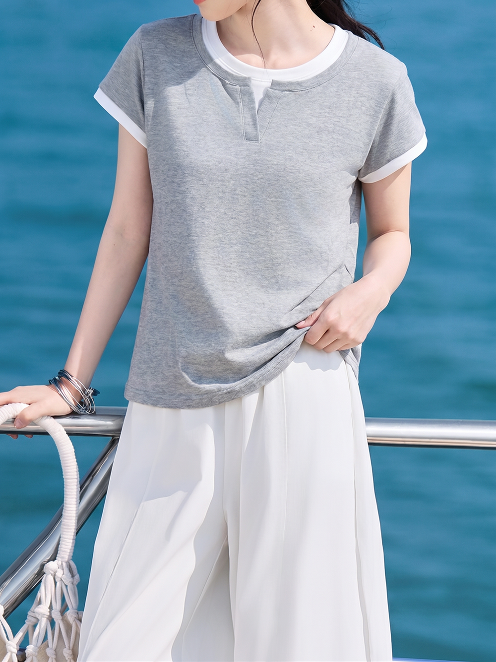 Casual Fake Two-Piece Color Block Lapel T-Shirt