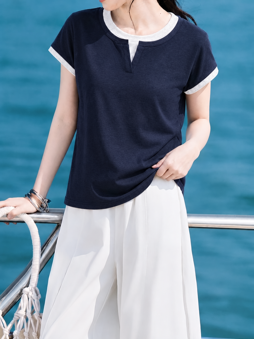 Casual Fake Two-Piece Color Block Lapel T-Shirt