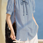 Casual Vertical Striped Beaded Tie Bow Shirt - liwisi
