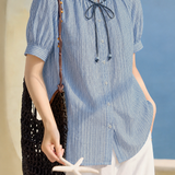 Casual Vertical Striped Beaded Tie Bow Shirt - liwisi
