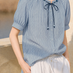 Casual Vertical Striped Beaded Tie Bow Shirt - liwisi