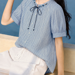Casual Vertical Striped Beaded Tie Bow Shirt - liwisi