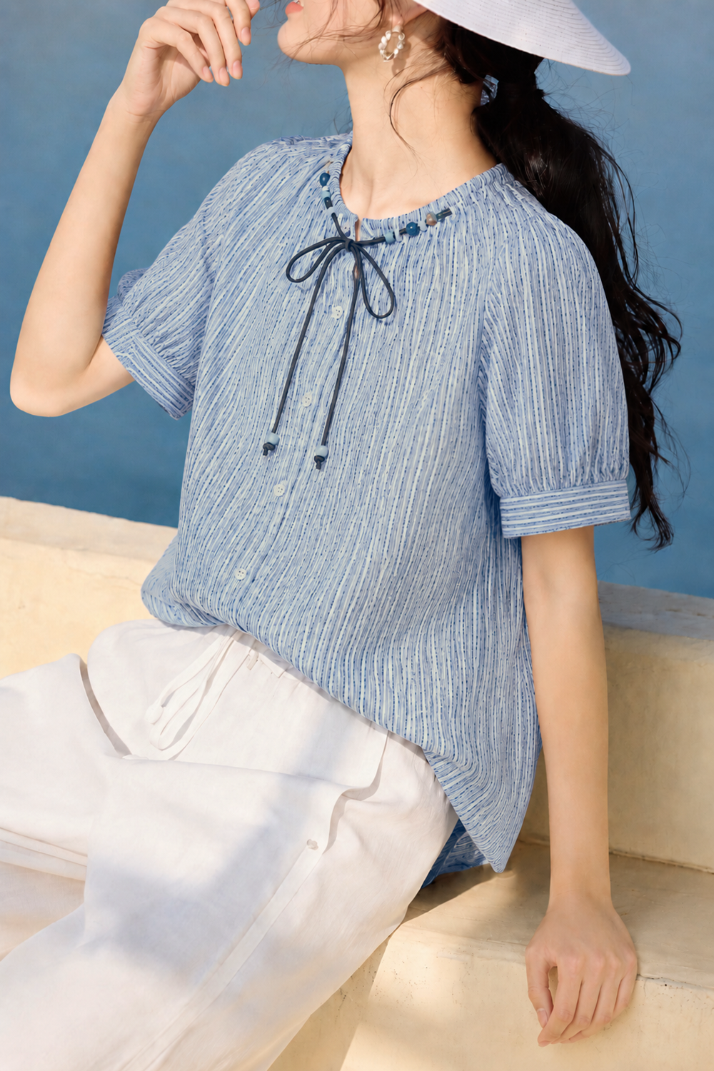 Casual Vertical Striped Beaded Tie Bow Shirt - liwisi