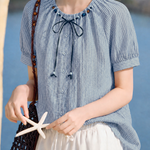 Casual Vertical Striped Beaded Tie Bow Shirt - liwisi