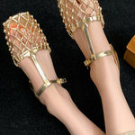 Retro Hollow Mesh Woven T-Strap Sandals - liwisi