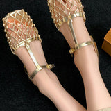 Retro Hollow Mesh Woven T-Strap Sandals - liwisi