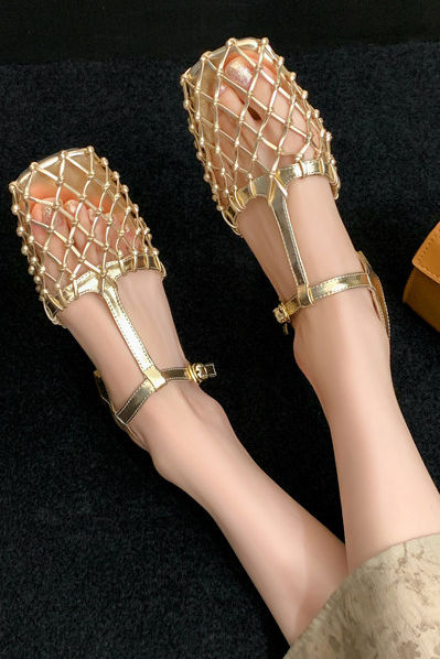 Retro Hollow Mesh Woven T-Strap Sandals - liwisi