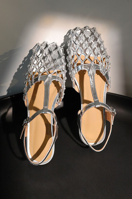 Retro Hollow Mesh Woven T-Strap Sandals - liwisi