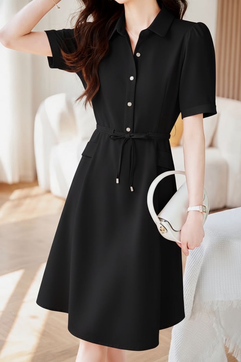 Commuter Tie Lapel Button Dress - liwisi