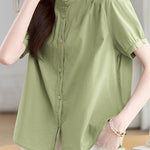 Casual Stand Collar Cotton Ruched Puff Sleeve Shirt - liwisi