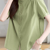 Casual Stand Collar Cotton Ruched Puff Sleeve Shirt - liwisi