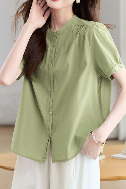 Casual Stand Collar Cotton Ruched Puff Sleeve Shirt - liwisi