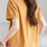 Casual Stand Collar Cotton Ruched Puff Sleeve Shirt - liwisi