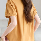 Casual Stand Collar Cotton Ruched Puff Sleeve Shirt - liwisi